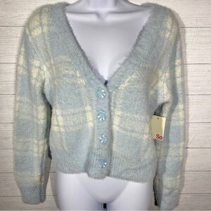 Fuzzy soft stretchy cropped button cardigan by SO, blue & white plaid, medium
